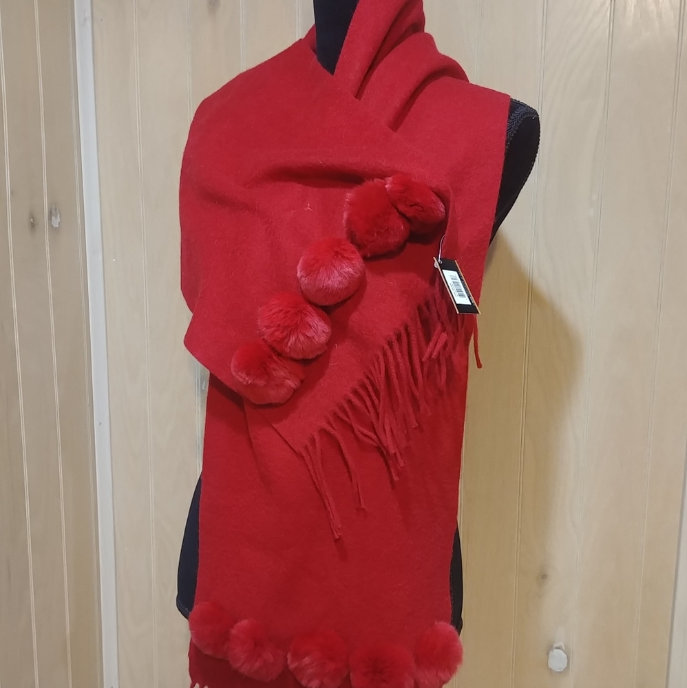 Maggie Red Wool Pompom Fringed Scarf NEW